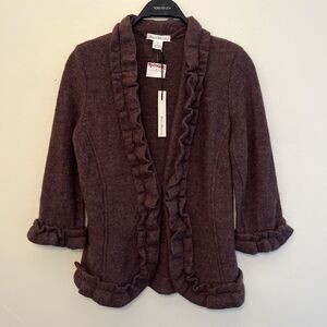 SUSAN BRISTOL Pure 100% Wool Vintage Ruffle Hem Cottage Open Cardigan, Brown- M